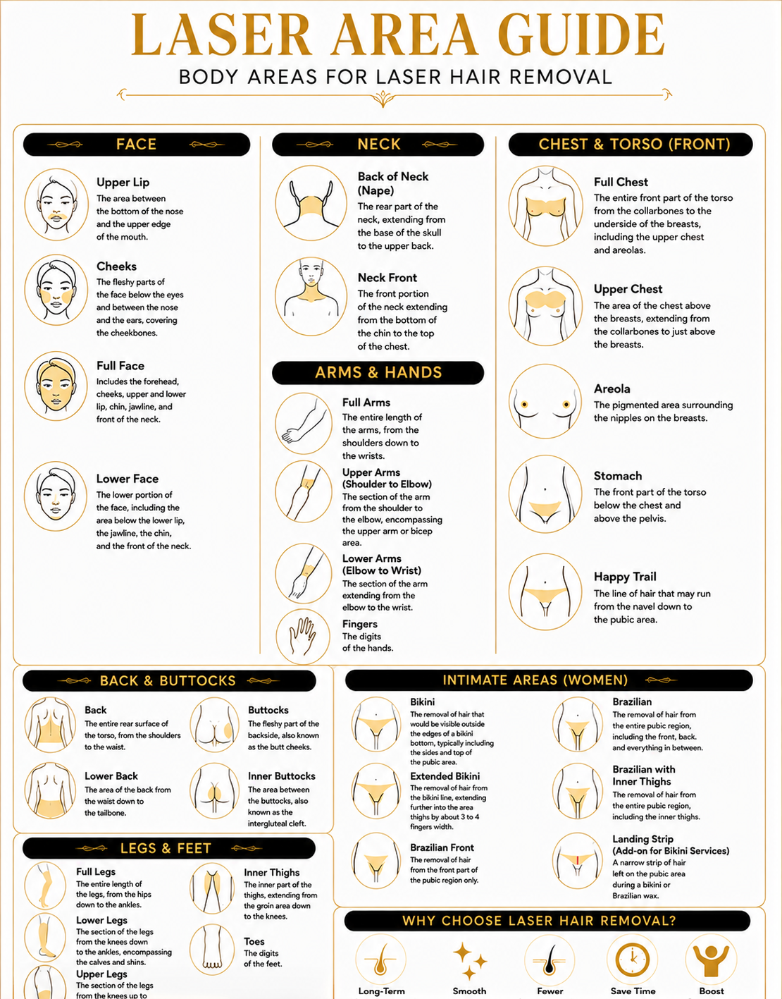 Laser hair removal treatment areas guide at Dena Beauty Salon